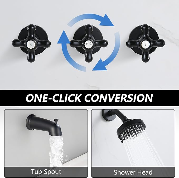 3 Handle Tub Shower Faucet Matte Black Three Knod Tub and Shower Trim Kit 3 Handles Bathtub Shower Faucets Completes with Brass Valve