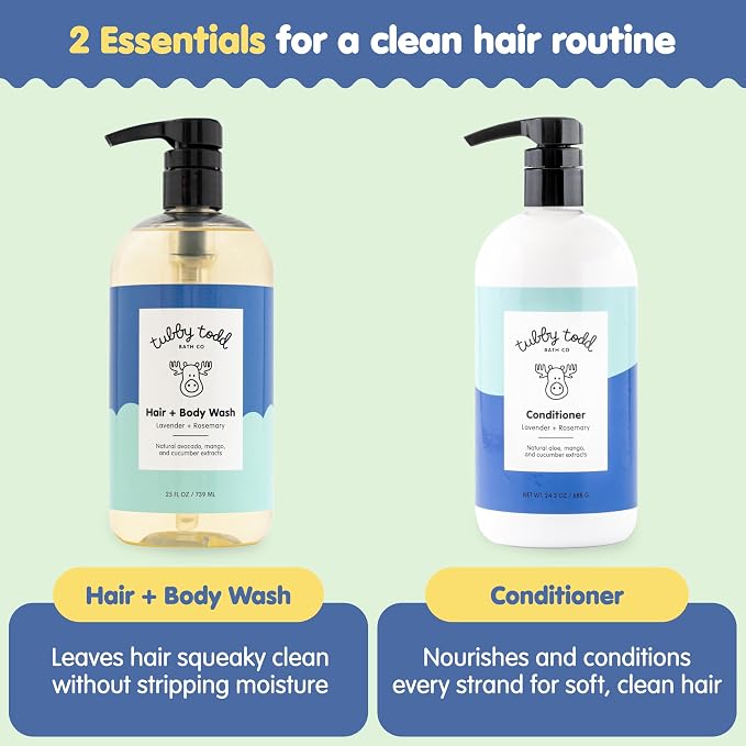 TUBBY TODD Hair Duo - Baby Shampoo and Conditioner Set - Gentle & Moisturizing Hair Care - Hypoallergenic, Non-Irritating - For Newborns, Toddlers & Kids - 25 Fl Oz & 24.3 Fl Oz - Lavender Rosemary