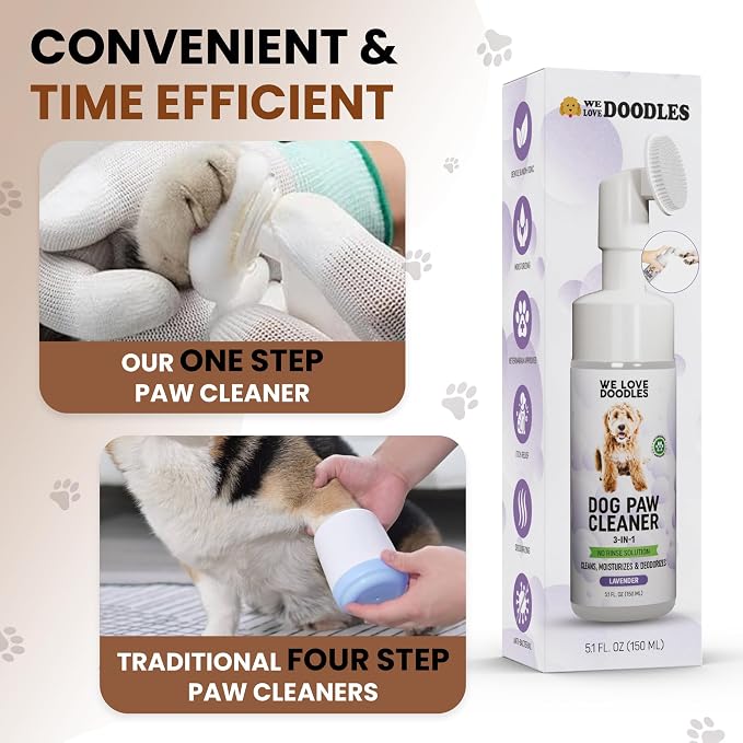 We Love Doodles No-Rinse Dog Paw Cleaner with Built-in Silicone Bristle Brush | 3-in-1 Dirty Paw Washer Foaming Foot Cleaner for Muddy Pet| Gentle Moisturizing Waterless Shampoo - Lavender | 5 fl oz