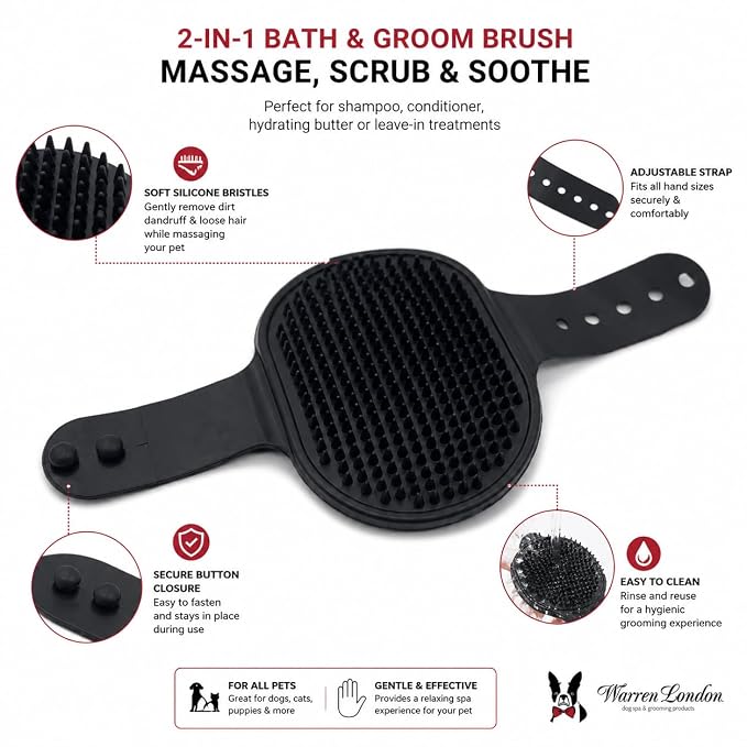 Warren London 2-in-1 Bath & Groom Brush for Dogs & Cats – Black Silicone Scrubber & Applicator for Shampoo, Hydrating Butter or Leave-In Conditioner – Gentle Massaging Grip
