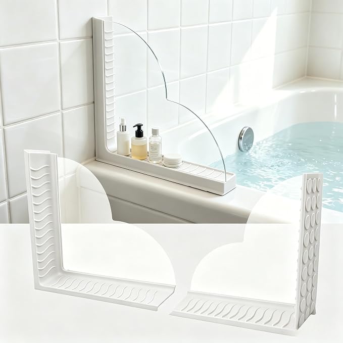 Bathtub Shower Splash Guard with Storage, Silicone Water Blocker | Dual suction cups no-drill install, Acrylic silicone water blocker for tub, shower & sink, Organizes bath essentials