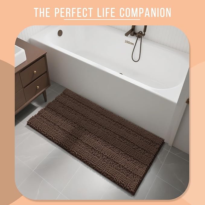 Yimobra Bathroom Rug Mat 44 x 24, Non Slip and Super Absorbent Bath Mat,Machine Washable Quick Dry,Ultra Plush Chenille Shower Rugs for Bathroom Floor Sink Tub and Shower Outside,Brown