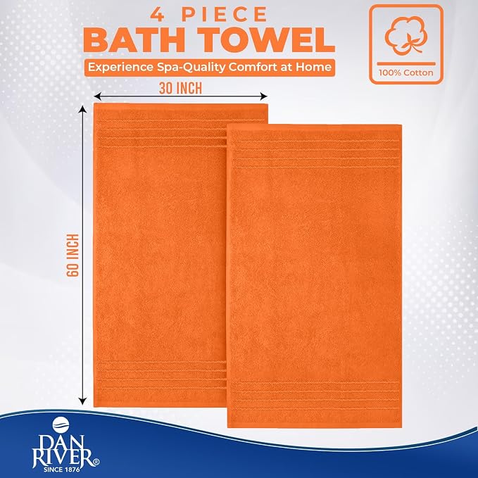 DAN RIVER Extra Large Bath Towels Set of 4, 30 x 60 Inches - 100% Cotton Larger & Lighter Weight Towels for Bathroom - Quicker to Dry, Super Soft & Highly Absorbent Towels for Home, Orange