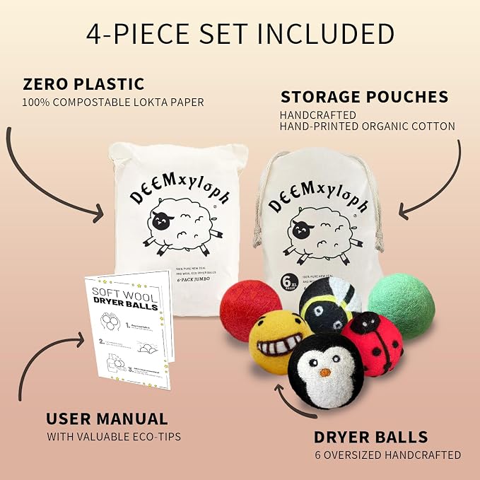 Bumblebee Wool Dryer Balls 6-Pack,Natural Fabric Softener Replacement, Vibrant Multi-Tone Design, Year-Round Static Control - Shorten Dryer Time for Kids' Clothes, Blankets & Delicates