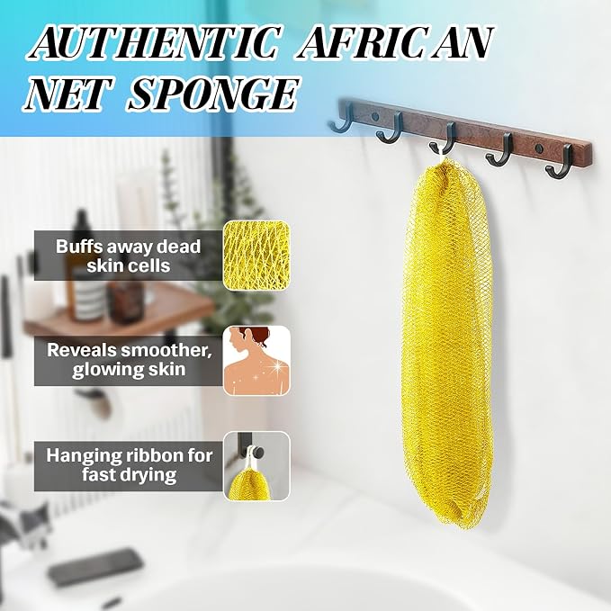 African Net Sponge Authentic Exfoliating Body Scrubber for Shower & Bath, Deep Cleansing Lather for Dead Skin Removal, Back Scrubber Gift for Women & Men（Yellow）