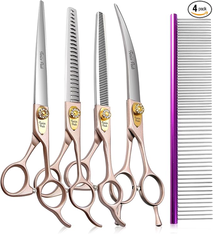 7.5'' Professional Dog Grooming Scissors Set Rose Gold 440C Stainless Steel Straight Thinning Curved Chunker Shears 4pcs Set for Pet Grooming Services Dogs and Cats