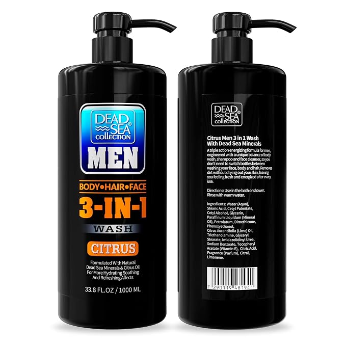 Dead Sea Collection Mens Body Wash 3 in 1 – Citrus Body Wash for Men – Shower Gel – Shampoo – Shower Soap for Face and Hair – Pack of 2 Bottles (33.8 Fl. Oz. Each)