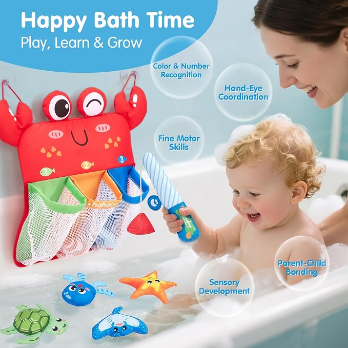 hahaland Bath Toys for Kids Ages 1-3 - Soft Magnetic Fishing Toys with Color Sorting Mesh, Mold Free Bathtub Shower Water Toy Toddler Educational Learning Shower Pool Toy for 1 Year Old Boy Girl Gifts