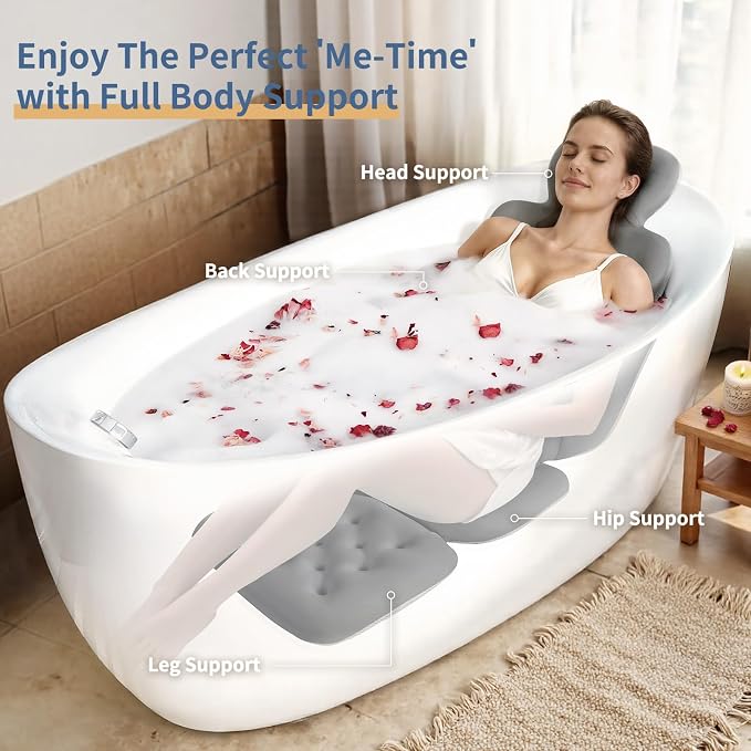 Bath Cushion, Full Body Bathtub Pillow with 160 Suction Cups, Bath Mat for Head and Neck Support, with Laundry Bag (Dark Gray, 56" x 16")