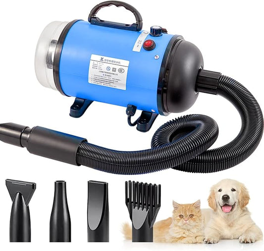 Upgraded 2-in-1 Pet Hair Dryer and Vacuum, High Velocity Dog Grooming Tool with Switchable Hose, Adjustable Temp & Speed, Low Noise, 4 Nozzles (Blue)