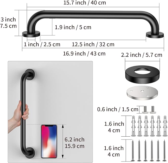 16 Inch Matte Black Shower Grab Bar-1" Diameter, iMomwee Stainless Steel Elderly Safety Bars, Bathroom Shower Balance Bar, Wall Handrail Support, Handicap Senior Disabled Pregnant Assist Bath Handle
