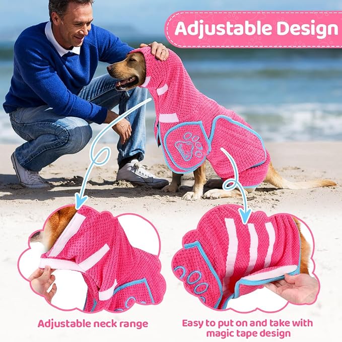 SlowTon Dog Bathrobe Drying Coat – Super Absorbent Microfiber Towel Wrap with Adjustable Collar & Belly Strap, Fast Drying Bath Robe for After Bath Swim, for Large, Medium, Small Dogs (Pink 3XL)