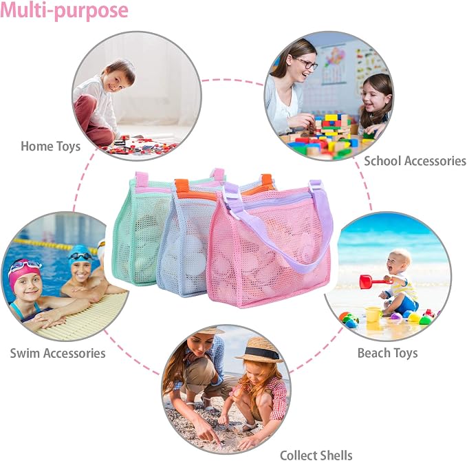 Tagitary Beach Toy Mesh Beach Bag Kids Shell Collecting Bag Beach Sand Toy Seashell Bags Swimming Accessories for Boys and Girls(Only Bags,A Set of 3)