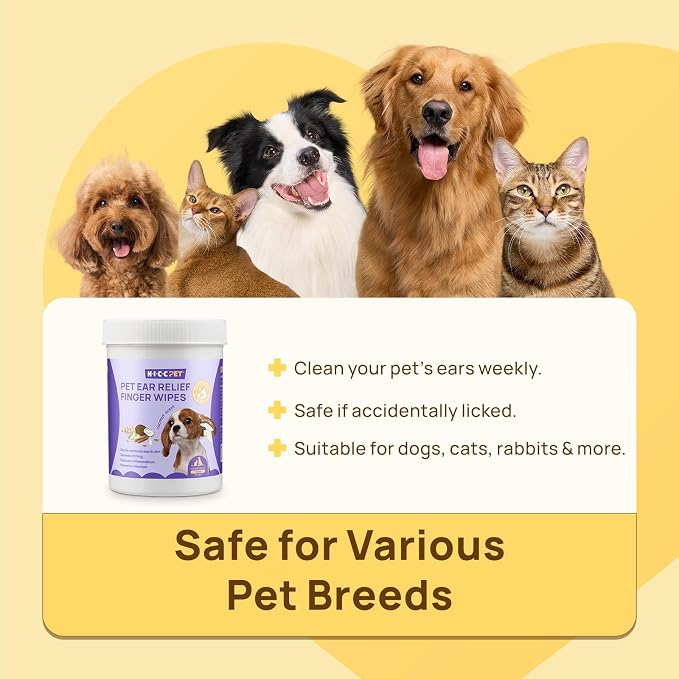 HICC PET Ear Cleaner Finger Wipes for Dogs & Cats, Clean Wax, Dirt & Odor, Soothing Itchy Ears, Gentle and Hypoallergenic Ear Cleaning Wipes for Daily Care(Unscented)