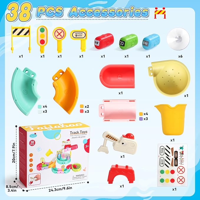 Fajiabao Bath Toys for Kids Ages 4-8 3-5 Fun DIY Bathtub Toys for Toddler | 38 PCS Modular Track with Magnetic Cars Easy-Assemble Slide for 3+ Year Old Boys Girls Gifts with Strong Suction Cups