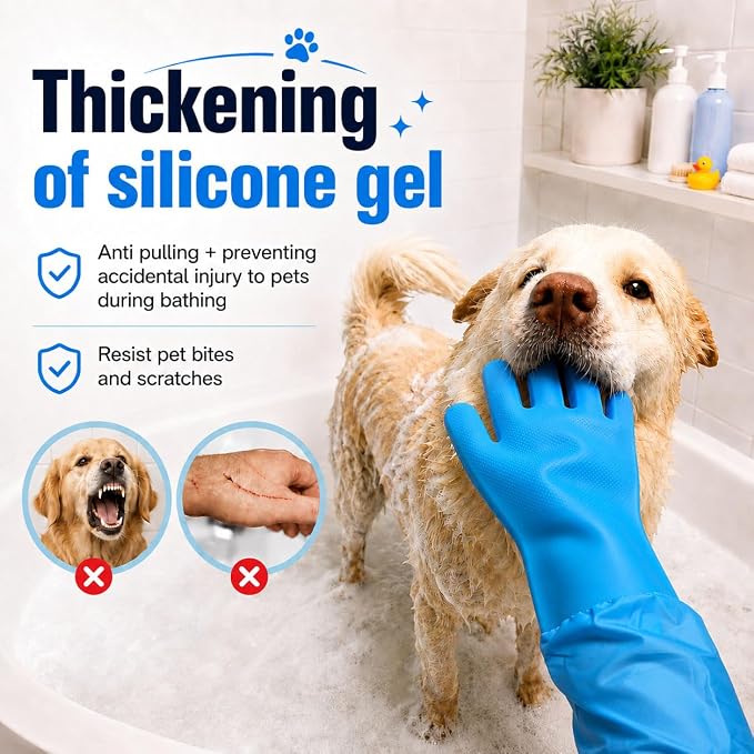 Dog Washing Gloves for Bathing, Thicker Pet Grooming with Extended Elastic Cuff, Silicone Bath Gloves with Soft Massage Bristles for Cats & Dogs