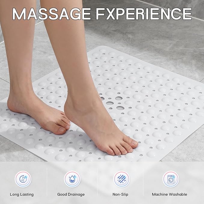 Anti-Slip Bathtub Shower mat, 21×21（ 53×53cm） inch Soft Oversized Machine Washable Non-Slip Bathtub mat with Drainage Holes, Bathroom Floor Suction Cup.（1-Opaque White）