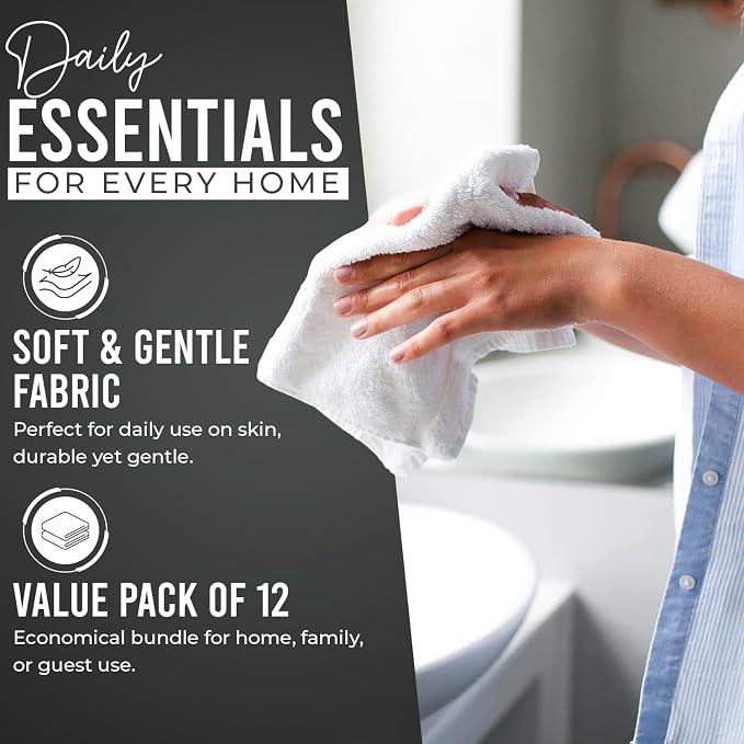 DAN RIVER 12 Pack Wash Cloths for Showering [12x12] - 100% Cotton Washcloths Premium Quality Flannel Face Cloths for Bathroom, Highly Absorbent and Soft Feel Wash Clothes, Black, Grey & White