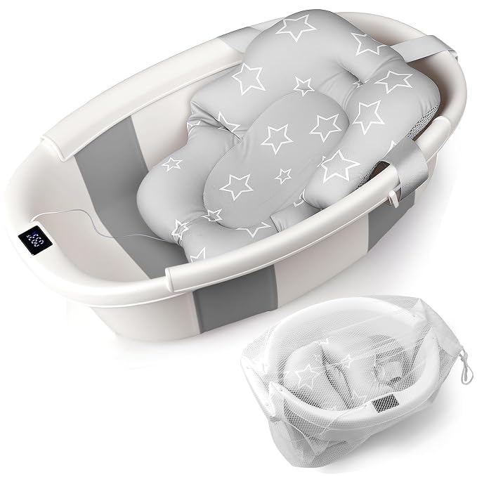 Baby Bathtub, Baby Tub with Thermometer & Soft Cushion, Collapsible Baby Bathtub from Newborn to Toddler Bathtub 0-36 Months, Foldable for Quick Use & Portable for Travel(Grey)