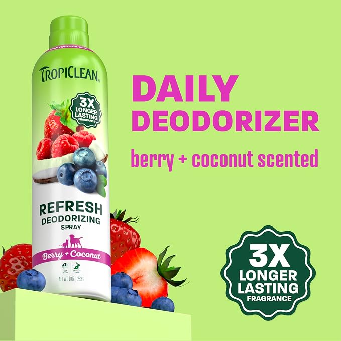 TropiClean Dog Perfume, Berry & Coconut Scented Dog Deodorizing Spray, 3X Long-Lasting Scent, After Bath Cologne & Detangling Spray, 10oz