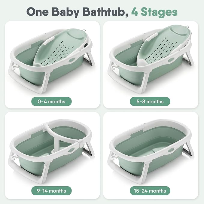 CheerTry 4-in-1 Grow-with-Me Baby Bathtub, Foldable Infant Tub for Newborn to Toddler from 0-24 Months, Collapsible Baby Bath Tub with Removable Bath Basket & Built-in Thermometer for Baby Shower