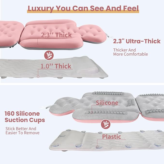 Luxury Bath Cushion, Full Body Bathtub Pillow with 160 Suction Cups, Bath Mat for Head and Neck Support, with Laundry Bag (Light Pink, 51" x 16")