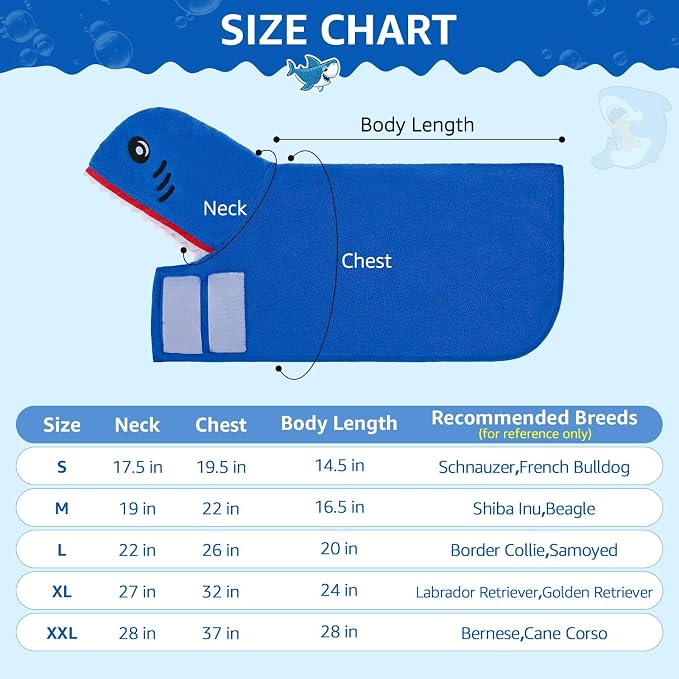 SCENEREAL Dog Bathrobe Fast Drying Towel Microfiber Dog Towel Robe with Hook and Loop Closure & Wrap Tie Snuggle, Super Absorbent Pet Cat Dog Bath Robe Drying Coat, Shark Hood M