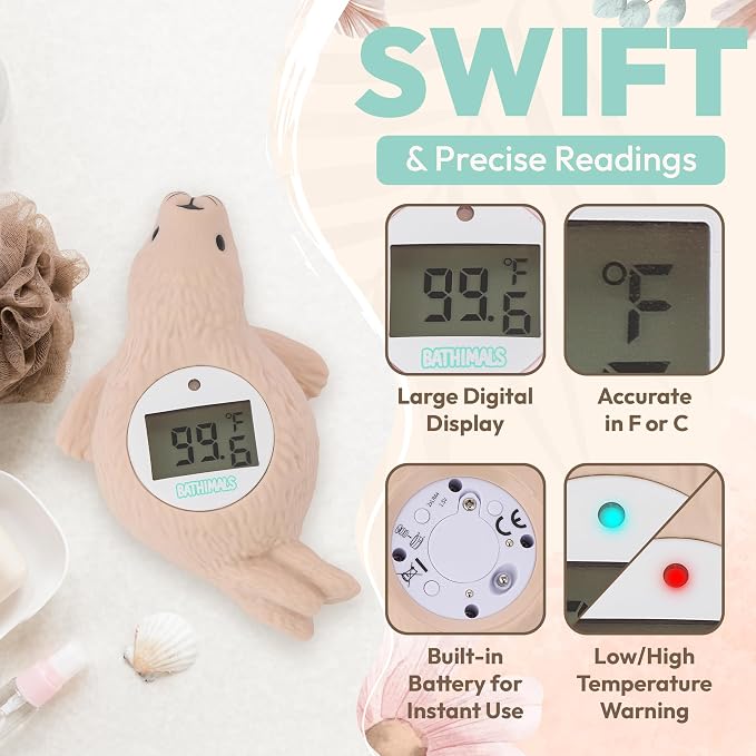 Baby Bath Thermometer | Baby Bath Toys | Adorable Seal Design | Safe Baby Thermometer for Infants | Newborn Essentials | ℉/℃ | Beige