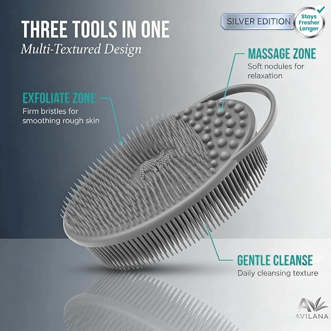 Avilana Silicone Body Scrubber for Shower – SGS Certified Food Grade Dual Sided Bath Brush, Gentle Exfoliating Silicone Loofah Alternative, Sensitive Skin Body Brush (Blue-Silver, Exfoliate)