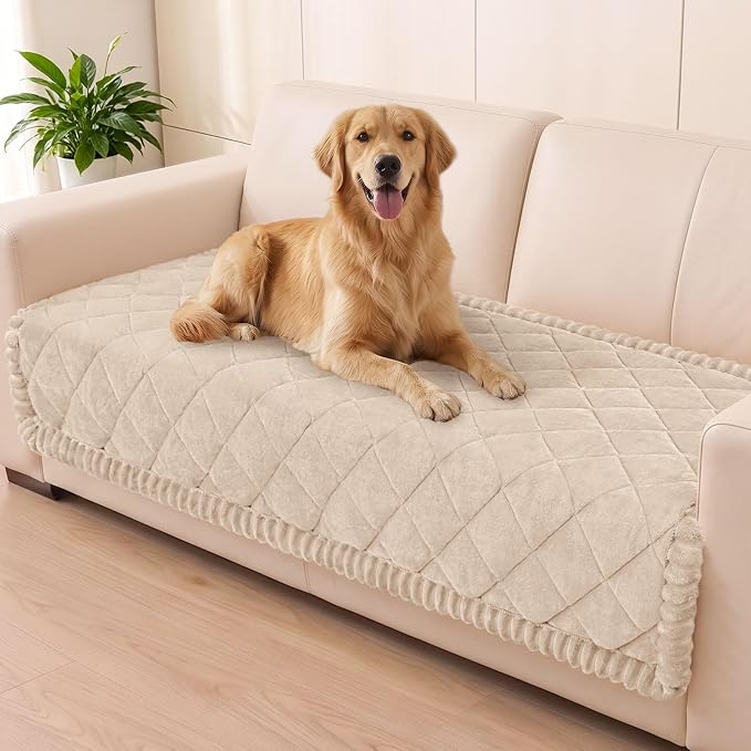 Smiry Couch Cover for Dogs, Non Slip Washable Pet Sofa Protector for Large Dogs, Cats, Fuzzy Plush Sofa Covers for 3 Cushion Couch, Against Fur, Dirt & Scratch Resistant, Apricot, 35.4"×95"