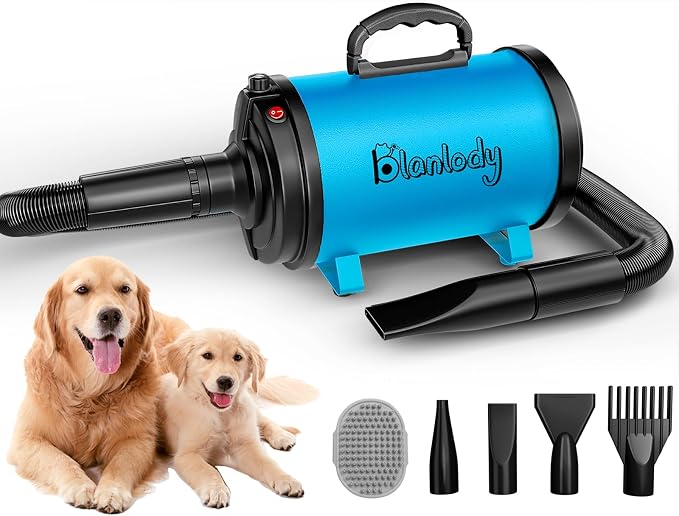 Dog Dryer Pet Hair Blower High Velocity for Grooming, Blow 3800W/5.2HP for Large Dogs Sechoir Pour Chien with Stepless Adjustable Speed, 4 Different Nozzles and Dog Brush,Blue
