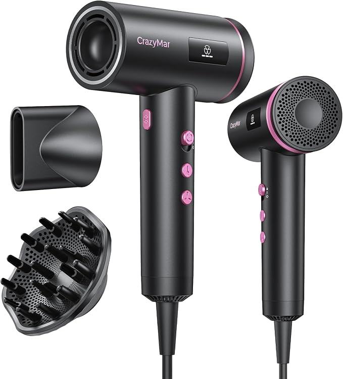 Hair Dryer, 1800W Ionic Hair Dryer with Smart Mode (Baby/Men/Women), High Speed Brushless Motor for Fast Drying (2-5 Mins), Blow Dryer with Diffuser, Lightweight for Home & Travel（Red Pink）