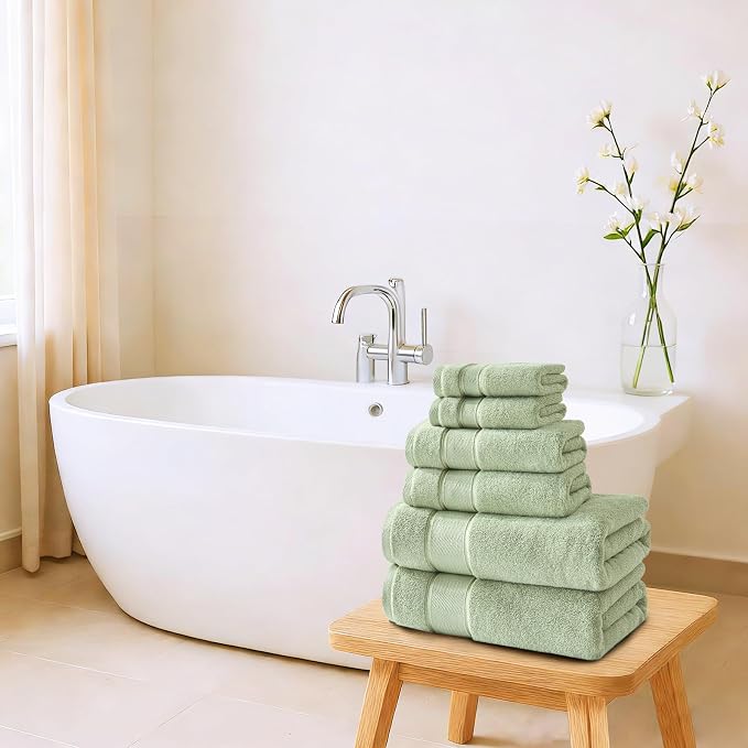 Marvione Bath Towels Set 6 Piece, 100% Turkish Cotton Highly Absorbent and Soft Towels for Bathroom 2 Bath Towels 2 Hand Towels 2 Washcloths, Sage Green