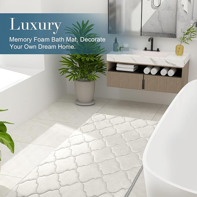 OLANLY Memory Foam Bath Mat Rug 44x24, Ultra Soft and Absorbent Bathroom Rugs, Non-Slip, Comfortable, Machine Washable Bath Carpet for Bathroom Floor, Tub, Shower and Home Decor Accessories, Cream