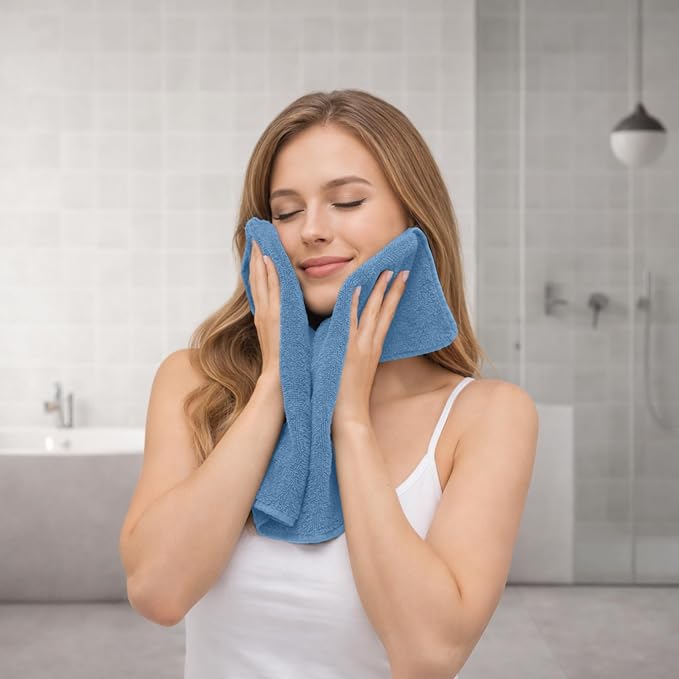 RIVERSIDE 12-Pack Premium 100% Cotton Electric Blue Face Towels for Bathroom [12x12] - Reusable Luxury Face Wash Cloths for Showering - 550 GSM Super Soft & Absorbent Washcloths for Body, Spa & Gym