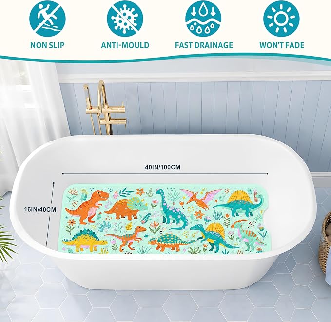 XIYUNTE Baby Bath Mat for Tub Non Slip Kids, BPA Free Extra Long Bathtub Mat 40x16 with Drain Holes and 200 Suction Cups, Non Toxic Machine Washable Toddler Bath Mat, Eco-Friendly Certified