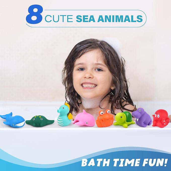 LotFancy® Bath Toys, 8 Pack Mold Free Bath Toys for Kids Ages 1-3, No Holes Baby Bath Toys for Toddlers 2-4, Ocean Sea Animal Bathtub Toys, Soft Floating Pool Water Table Toys