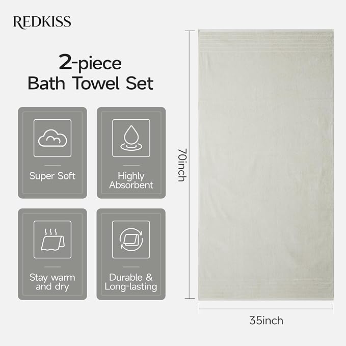 REDKISS 2 Pack Extra Large 35x70 Inch Cotton Bath Towels, Light Gray | 100% thick cotton, ultra soft & absorbent, quick dry light gray towels for bathroom, gym, spa, pool, hotel