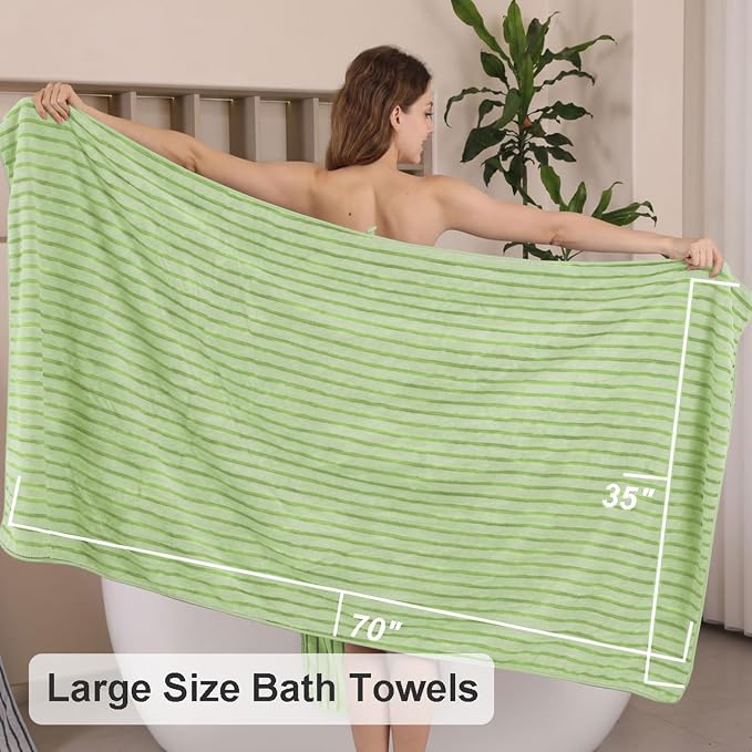 4 Pcs Grass Green Cabana Stripe Large Bath Towels 35"x70" Oversized Bath Sheet Soft Breathable Jumbo Bathroom Towels Highly Absorbent Shower Towel Quick Dry Beach Chair Towel Spa Gym Hotel Towel Set