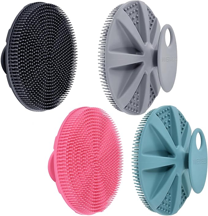 INNERNEED Food-Grade Soft Silicone Body Scrubber Shower Brush Handheld Cleansing Skin Brush, with Exfoliating Net Sponge Case (Pack of 4)
