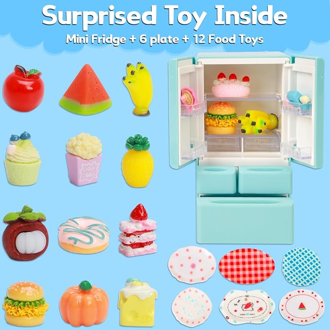 Bath Bombs for Kids with Toys Inside, 12-Pack Colorful Surprise Bath Fizzies Set with 12 Fruit & Food Toys + Mini Fridge + 6 Plates, Fragrant & Rich Bubbles, Organic Fizzy Bubble