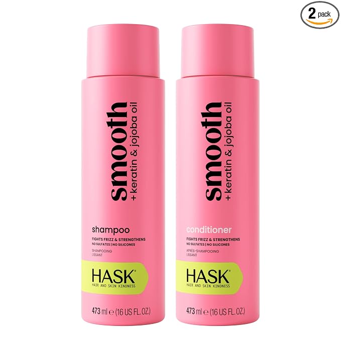 HASK Smooth + Keratin Shampoo + Conditioner Set | with Jojoba Oil for Frizzy, Unruly Hair | 16oz each, 2 Pack
