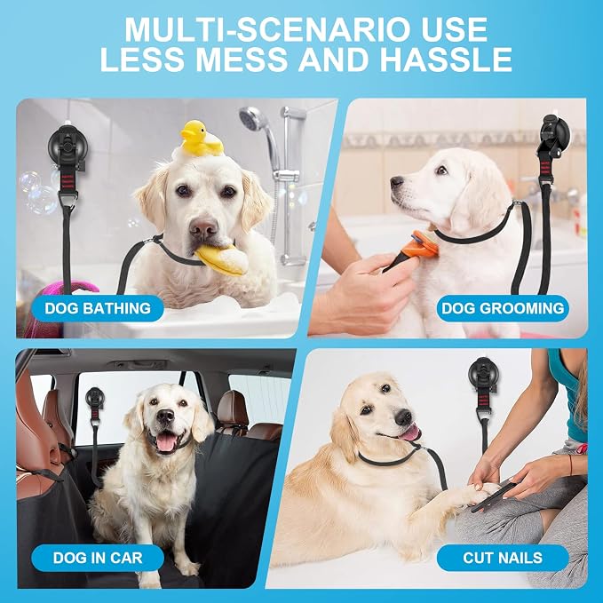 Dog Bathing Tether with Heavy Suction Cup, Dog Grooming Tub Restraint Soft Nylon Leash with Adjustable Collar for Pet Dog Cat Shower and Grooming Red