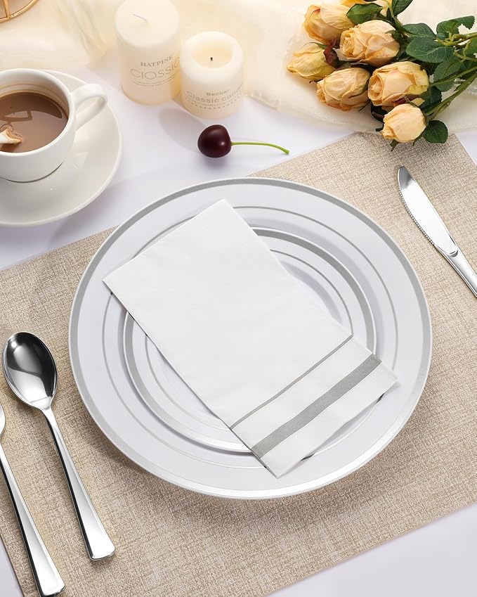 Goodluck 200 Pack 3-Ply Disposable Napkins - Soft & Absorbent Paper Hand Towels for Bathroom Guests, Dinner Party, Kitchen, Christmas, Wedding & Events, Parties - Striped Siliver Trim