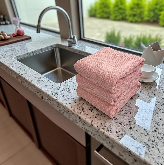 Serafina Home Light Pink Kitchen Hand Dish Towels: Oversized 28" x 18",100% Cotton Cloth Soft Cleaning Drying Absorbent Textured Design, Set of 3 Multipurpose for Everyday Use (Pink)