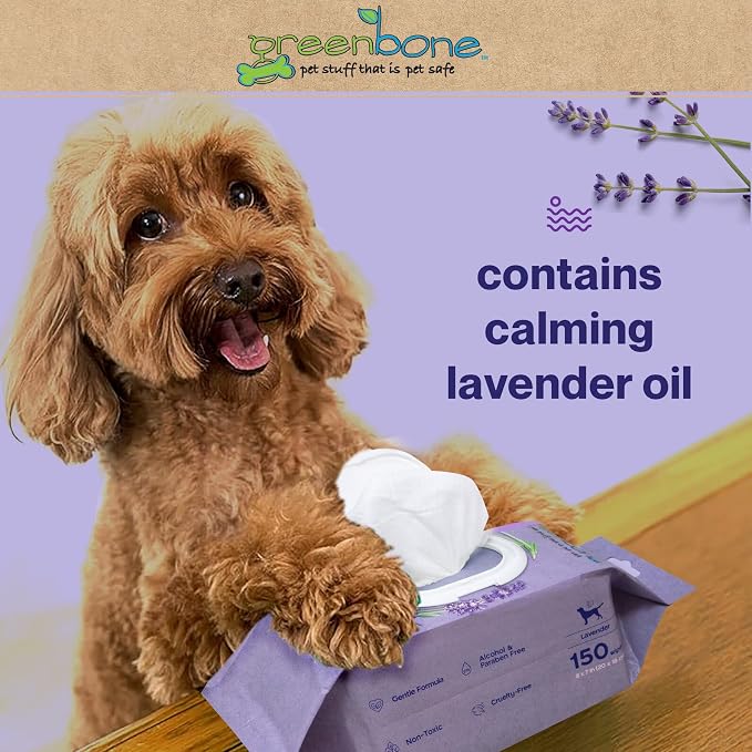 Greenbone Pet Dog Wipes French Lavender Natural for Grooming Paws, Body and Butt, Cleaning Deodorizing