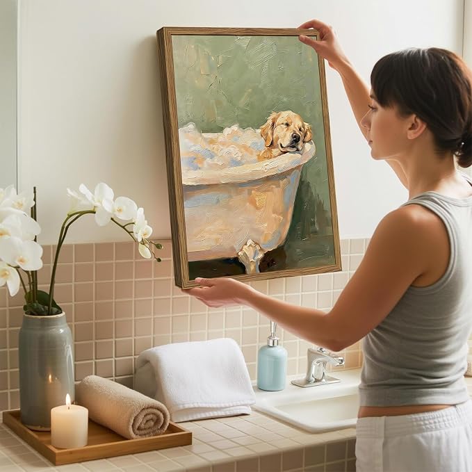 Funny Dog Bathroom Wall Art Cute Golden Retriever in Bathtub Wall Decor Picture Whimsical Bathroom Dog Poster Canvas Painting Print 12x16 inch Wood Framed