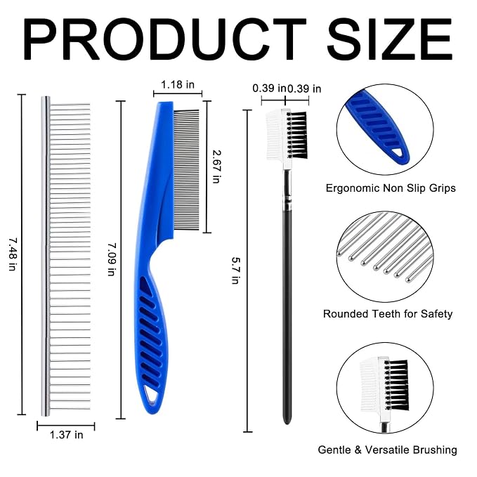 7 Pack Pet Flea Comb & Grooming Set for Dogs Cats, Stainless Steel Lice Combs with Rounded Teeth Tear Stain Remover & Silicone Bath Massage Brush Tick Removal Tool for Small Pets