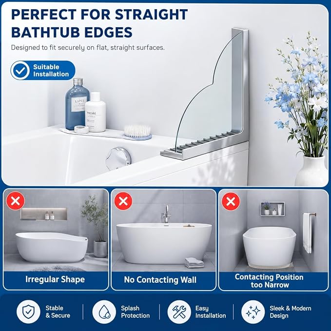 Splash Guard for Bathtub, 2-Piece Shower Splash Guard with Clear Acrylic Panel & Silicone Base, No Adhesive Shower Water Guard for Tub Corner, Shower Guards to Keep Water in Shower (White)