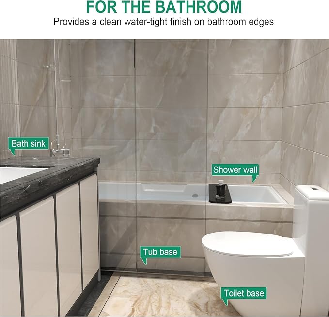 Shower Threshold Water Dam, 39 in Flexible Barrier, Transparent | Flexible peel-and-stick water barrier for shower thresholds, sink edges, and countertops; 39 x 0.79 x 0.47 in